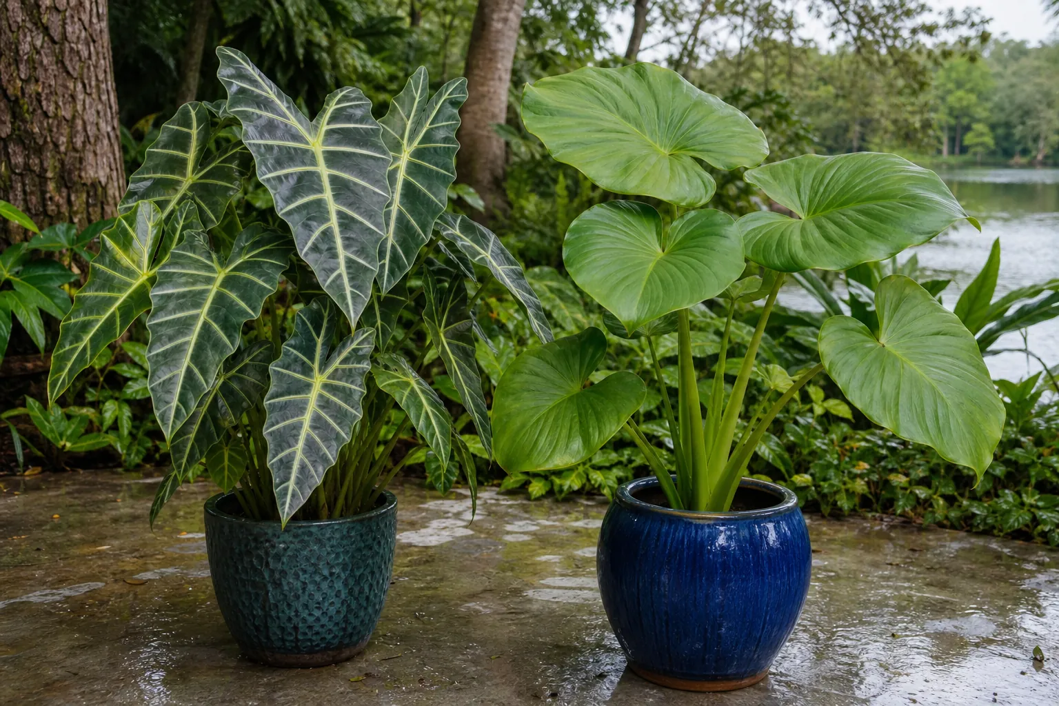 Potted Alocasia and Colocasia Beside a Garden Pond Dark, arrow-shaped Alocasia and rounded green Colocasia leaves in two pots beside a lush garden pond.