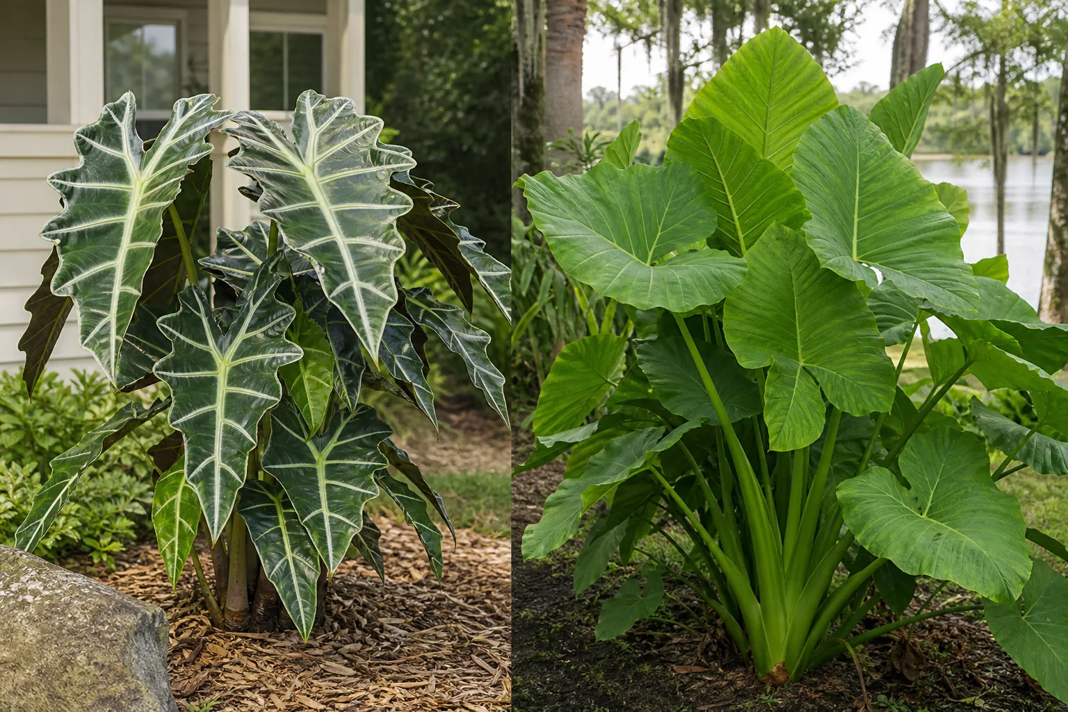 Alocasia and Colocasia Elephant Ears Side by Side Side-by-side elephant ear plants, with dark white-veined Alocasia leaves and broad green Colocasia leaves in a yard.