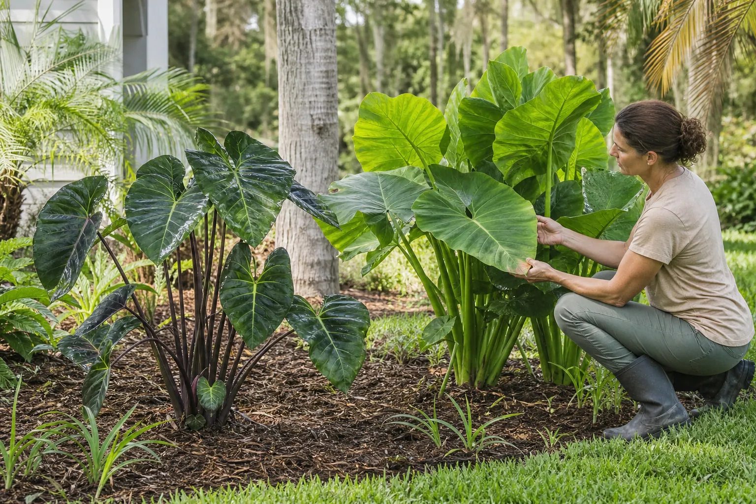 Comparing Elephant Ear Plants in a Subtropical Yard A woman kneels in a landscaped subtropical yard, comparing large green elephant ear plants with dark and light foliage.