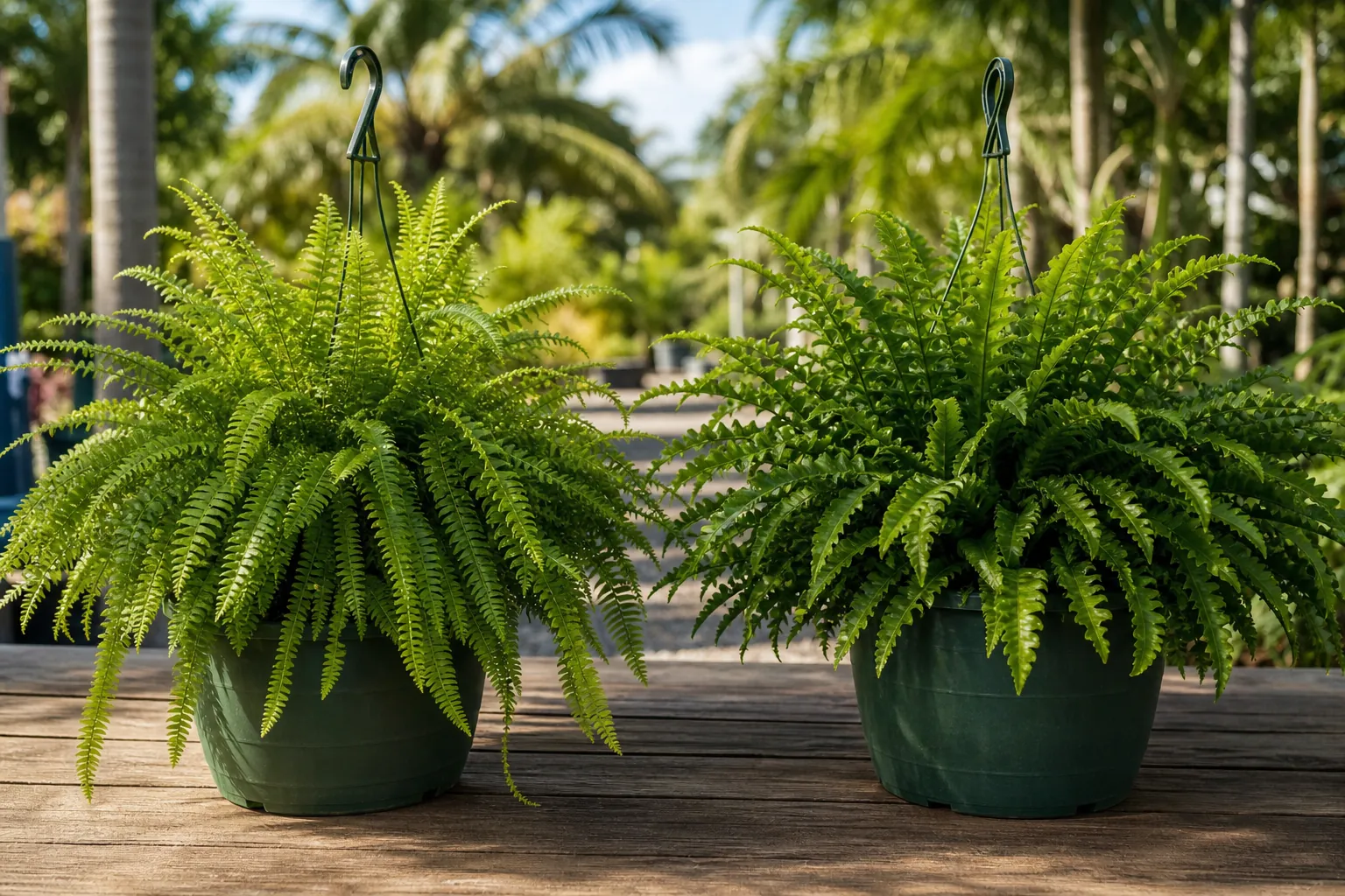 Boston and Macho Ferns Side by Side Two lush green ferns in hanging pots sit side by side on a wooden table in a sunny tropical garden.