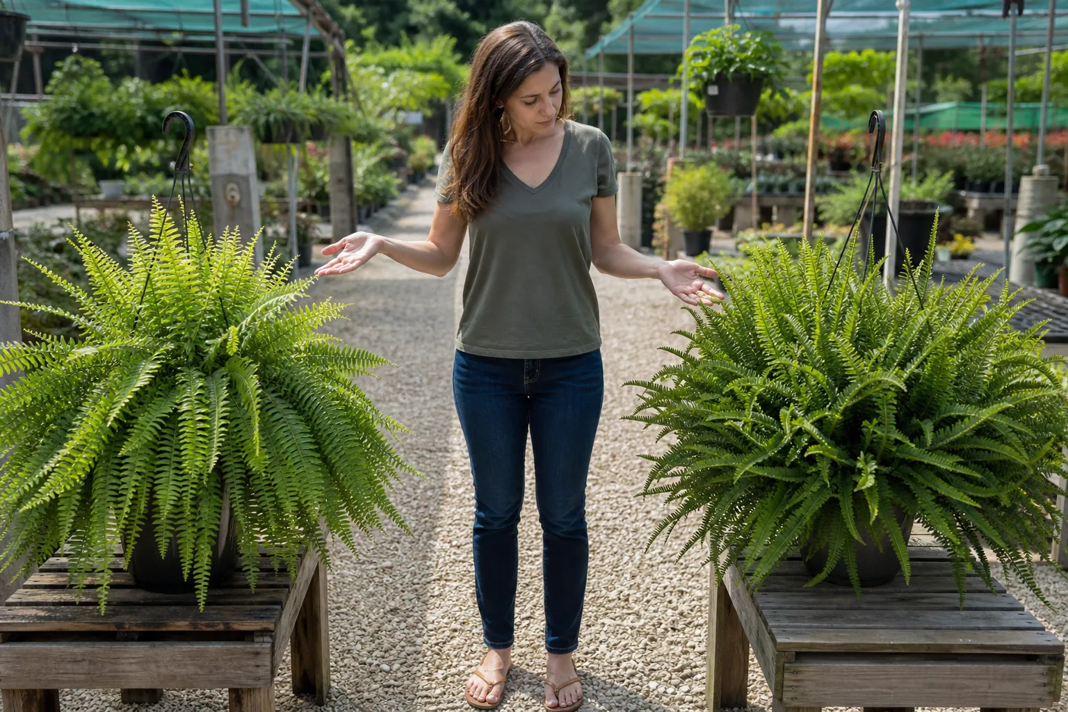 Comparing Mature Fern Sizes at a Garden Nursery Woman comparing two large hanging ferns displayed on wooden tables at a garden nursery.
