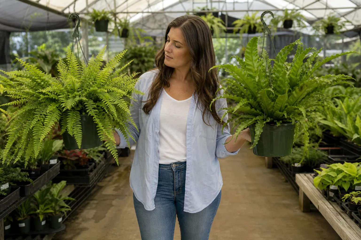 Woman comparing two hanging ferns in a greenhouse Woman in a greenhouse compares two hanging ferns, one with fine fronds and one with broad, upright leaves.