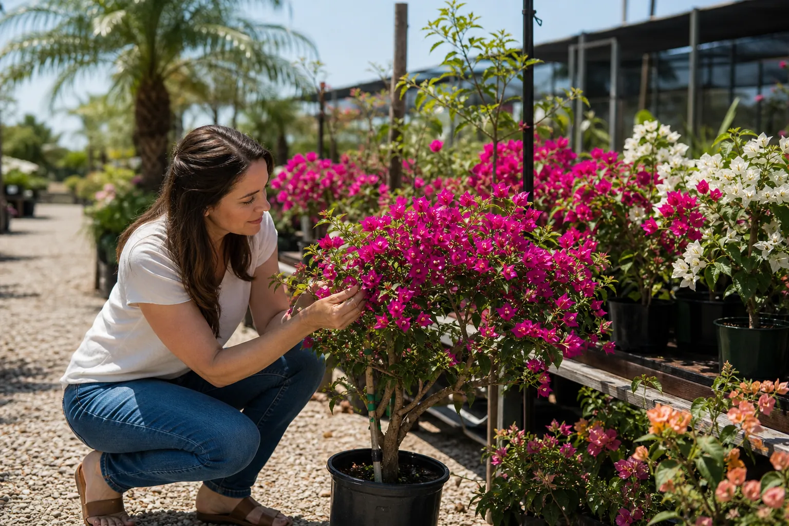 Inspecting Bougainvillea at a Sunny Plant Nursery Woman crouching beside a potted pink bougainvillea in a sunny outdoor nursery filled with flowering plants.