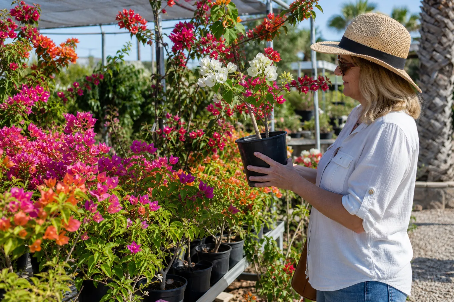 Shopping for Bougainvillea at an Outdoor Nursery Woman in a sun hat holds a potted white bougainvillea among colorful flowering plants at an outdoor nursery.