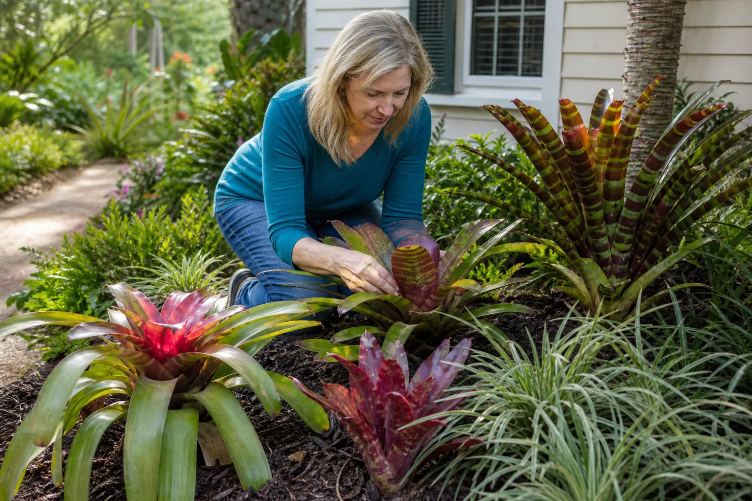 Woman Tending Bromeliads With Varied Growth Habits Woman tending several large red, green, and striped bromeliads in a lush garden bed beside a house.