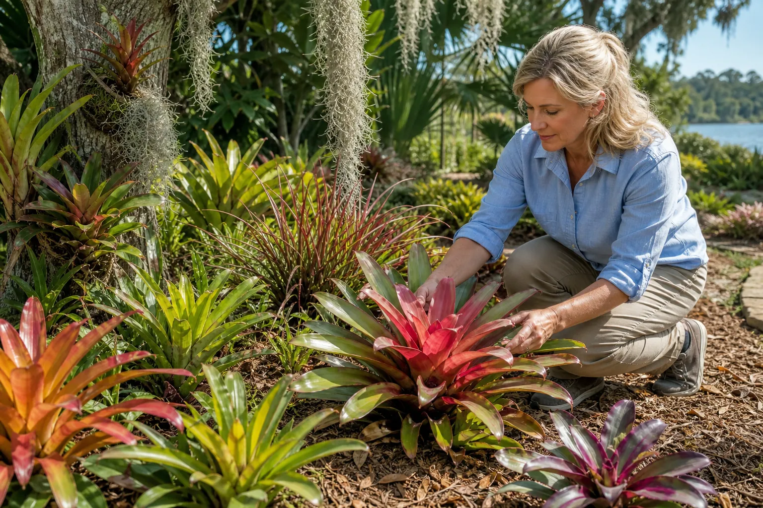 Gardener Tending Colorful Outdoor Bromeliads Woman kneeling in a sunny garden while tending colorful bromeliads beneath a tree draped with Spanish moss.