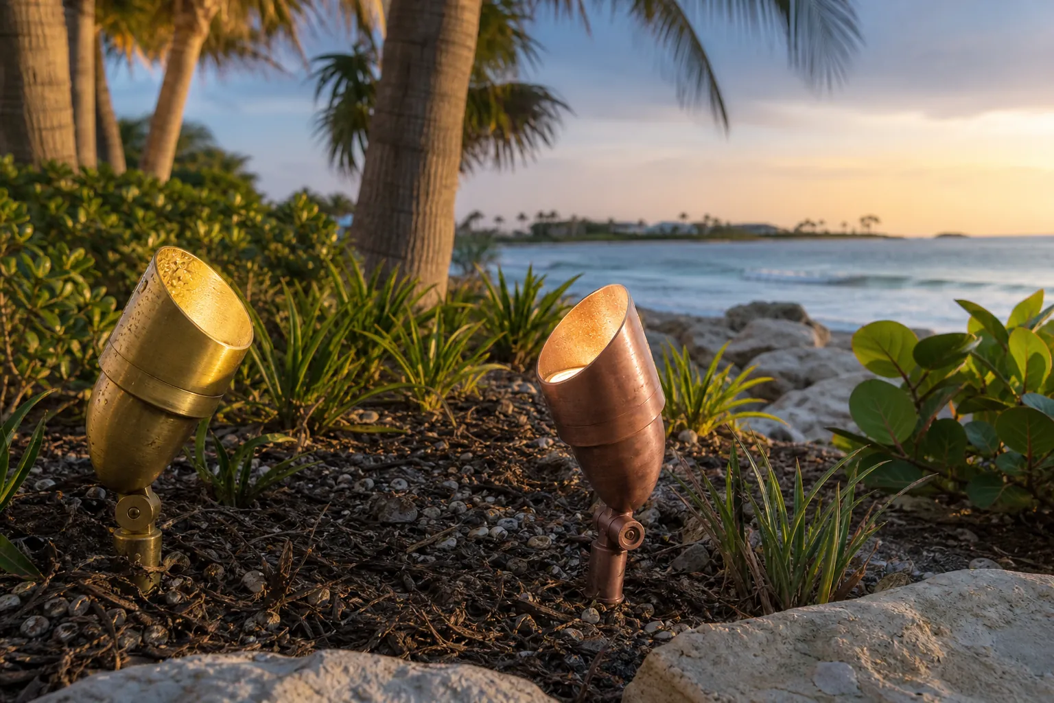 Brass and Copper Coastal Landscape Lighting Fixtures Brass and copper landscape spotlights installed among tropical plants beside a rocky Florida coastline at sunset.