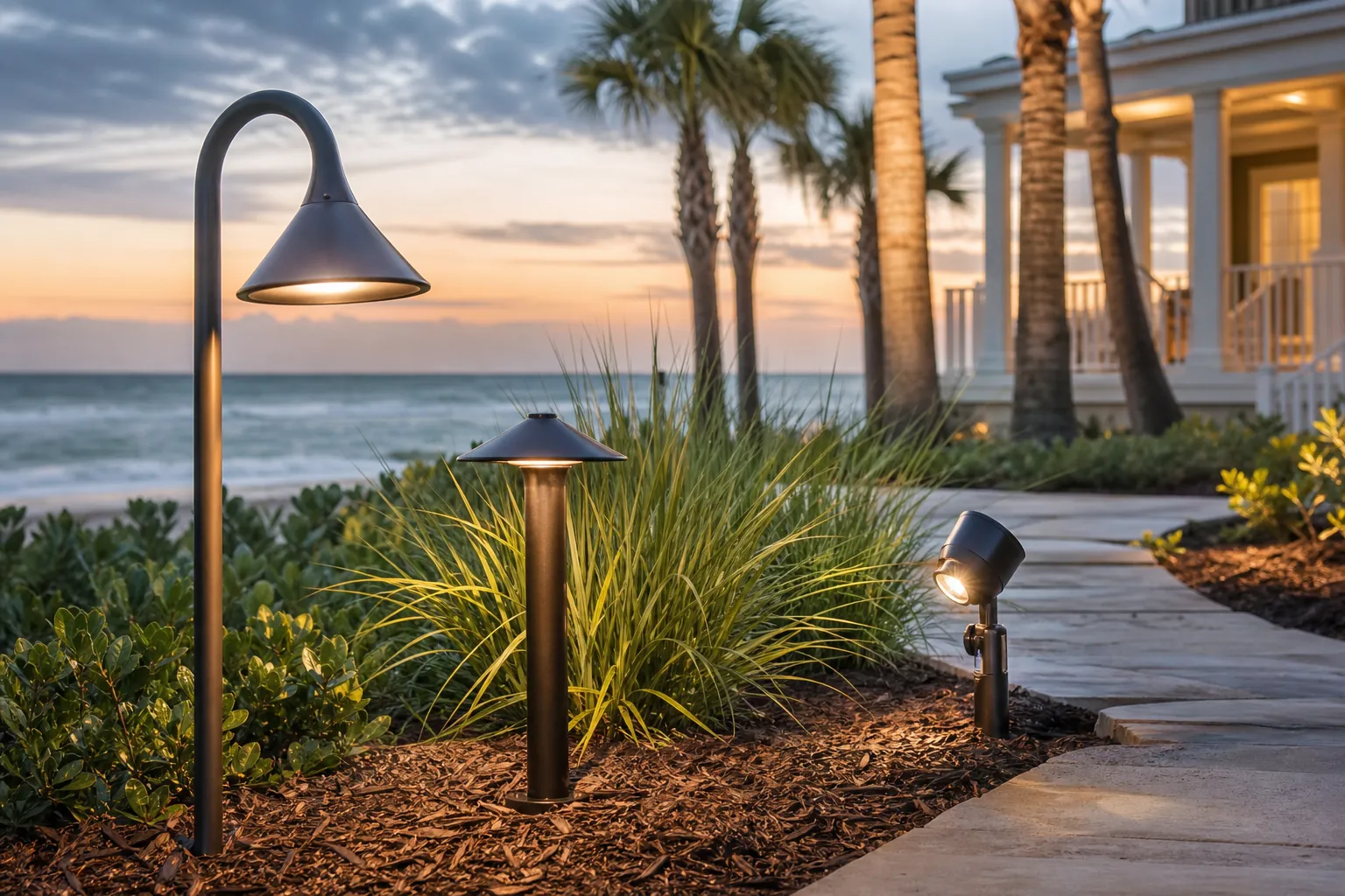 Metal Landscape Lighting Along a Florida Coastal Garden Path Three metal landscape lights illuminate a coastal garden path beside palm trees and a beachfront home at sunset.