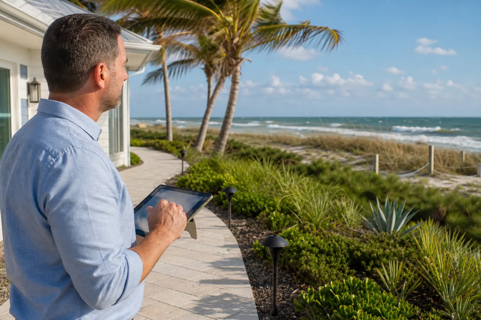 Assessing Landscape Lighting at a Coastal Florida Home Man using a tablet beside landscape lights and a garden at an oceanfront home with palms and a sandy beach.