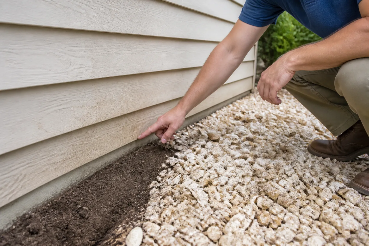 Inspecting Coquina Shell Landscaping Near House Siding A crouching person points at the base of beige house siding beside a strip of exposed soil and pale coquina shell landscaping.