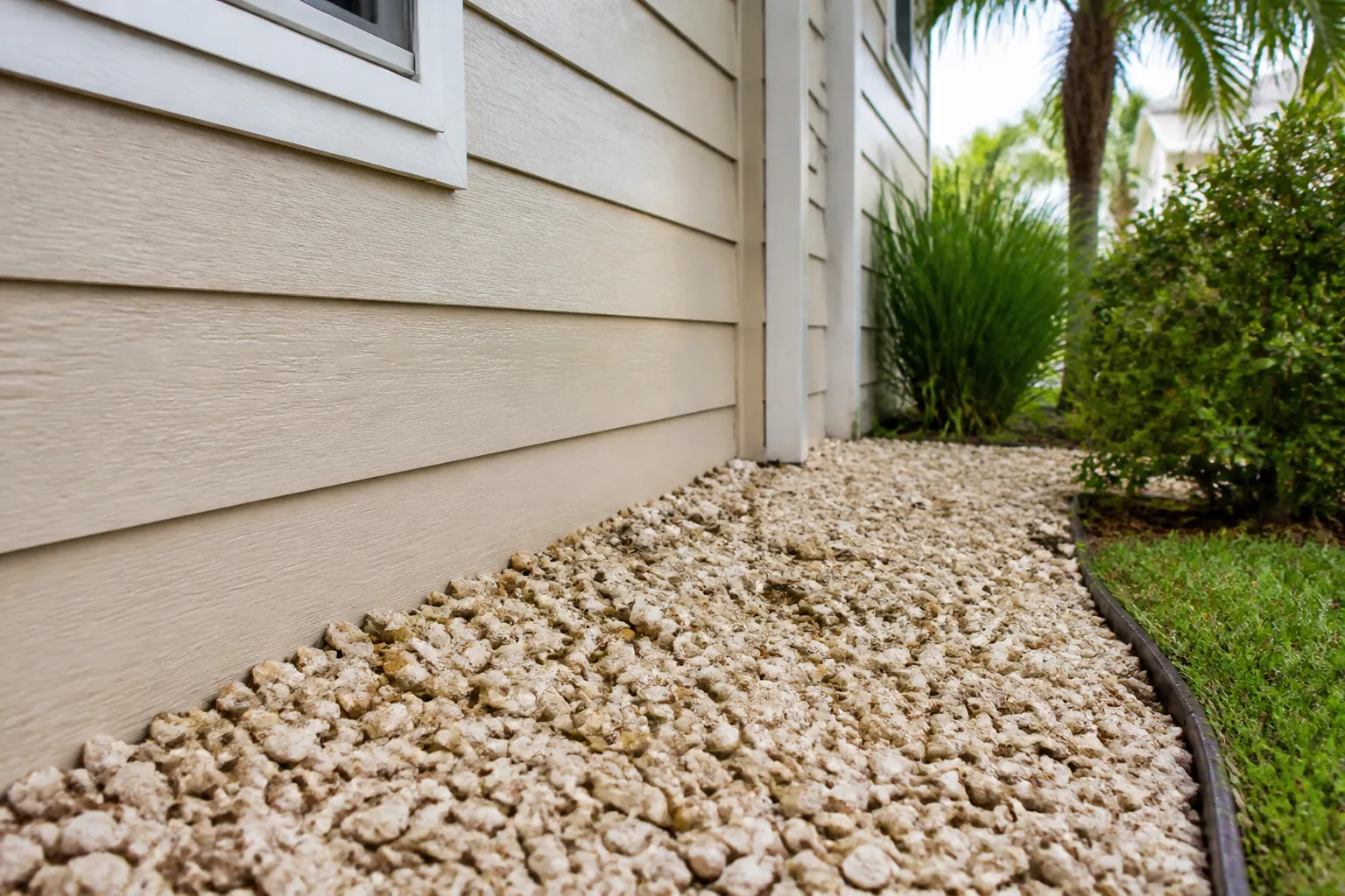 Coquina Shell Landscaping Beside Beige House Siding A pale coquina shell bed runs beside beige house siding, bordered by black landscape edging, green lawn, and shrubs.; coquina shell against house siding planning guide