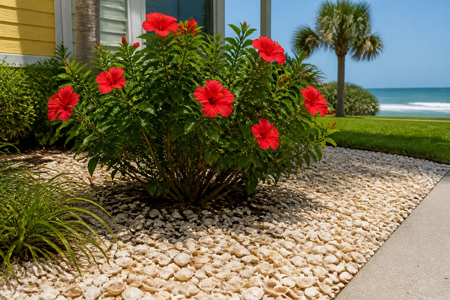 Red Hibiscus Growing in Coastal Shell Mulch Red hibiscus blooms rise above pale shell mulch beside a yellow coastal house, with a palm tree and ocean in the background.
