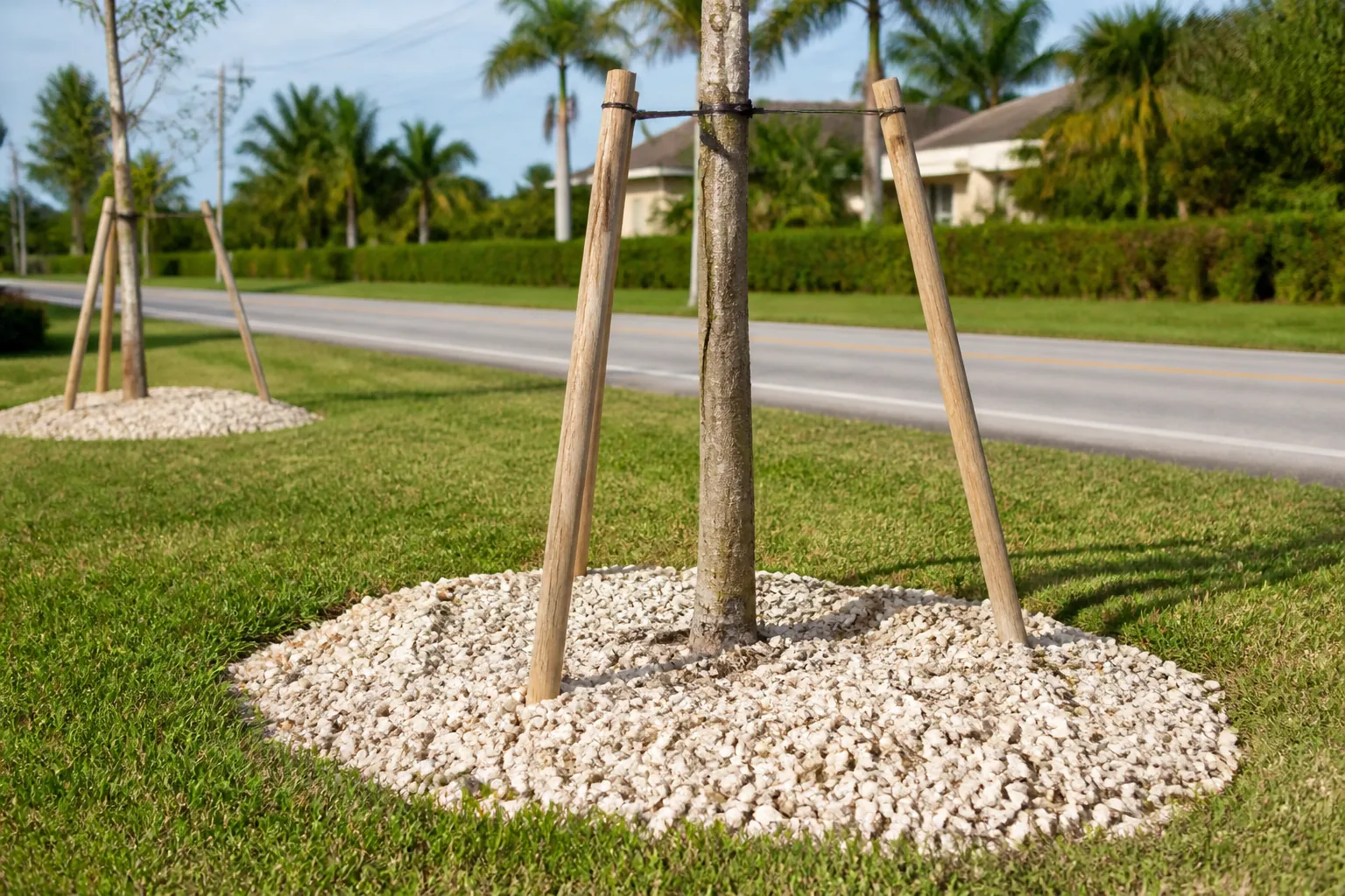 Shell Beds Around Staked Young Roadside Trees Staked young trees stand in circular beds of pale shell material on a grassy roadside, with palms and homes behind them.; coquina shell around newly planted trees planning guide