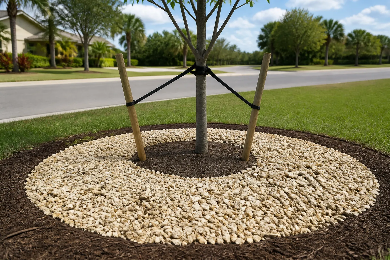Shell Ring With Clear Space Around a Young Tree Trunk A staked young tree with a wide ring of pale shell landscaping material, leaving exposed soil around the trunk beside a residential street.