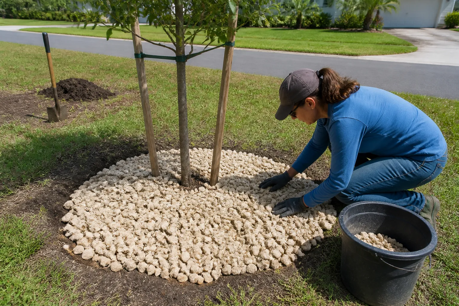 Spreading Coquina Shell Around a Young Tree A kneeling gardener spreads pale coquina shell around a staked young tree beside a black bucket on a suburban lawn.