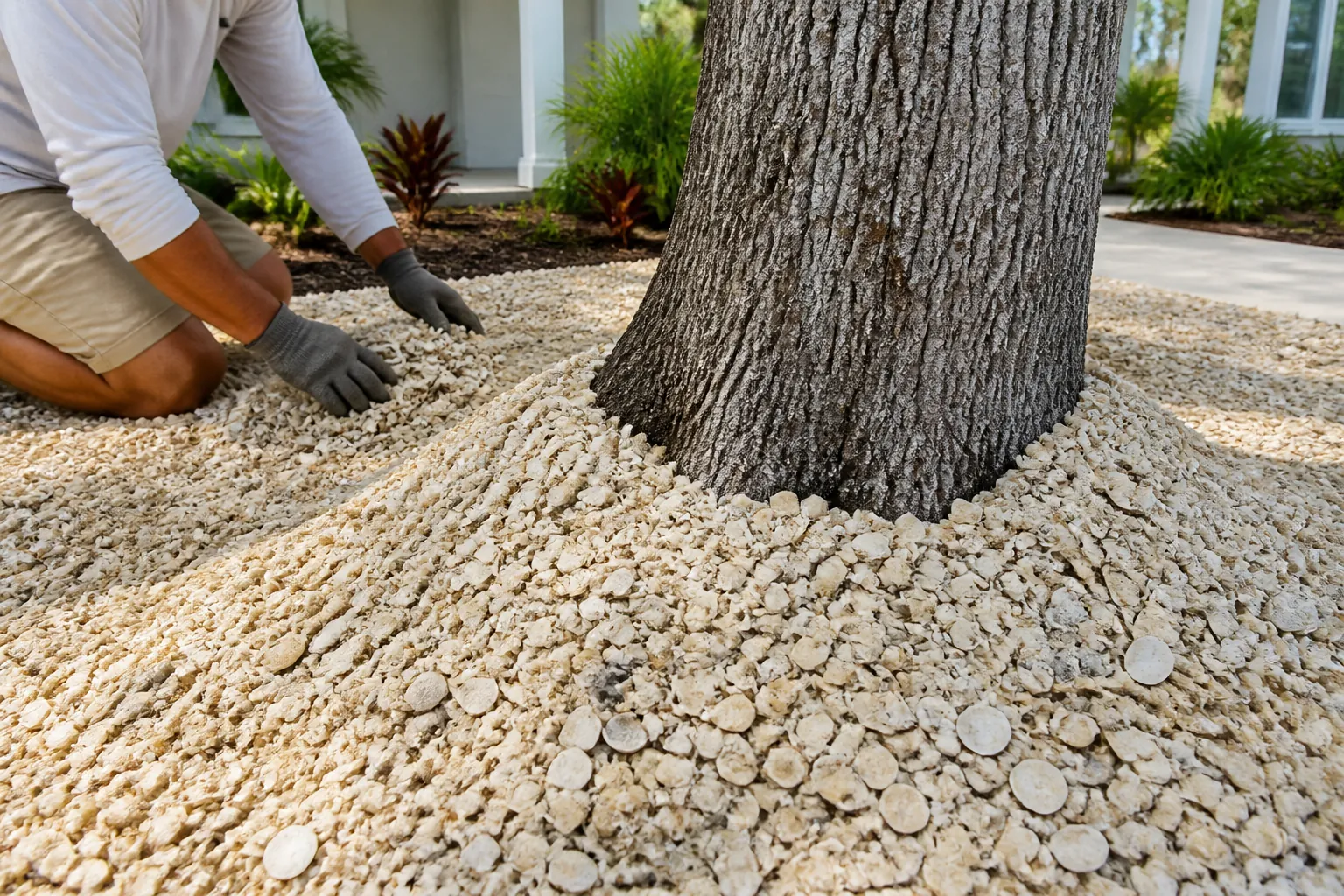 Spreading Crushed Shells Around a Tree Trunk A kneeling person wearing gray gloves spreads pale crushed shells around a large tree trunk in a landscaped front yard.