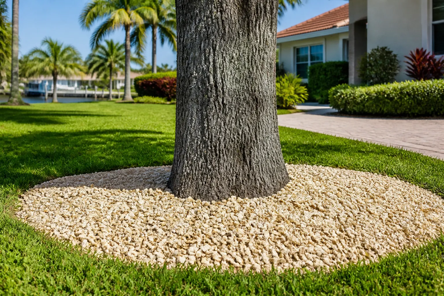 Coquina Shell Ring Around a Tree Trunk A broad ring of pale crushed coquina shell surrounds a large tree trunk in a green lawn beside a house and paved walkway.