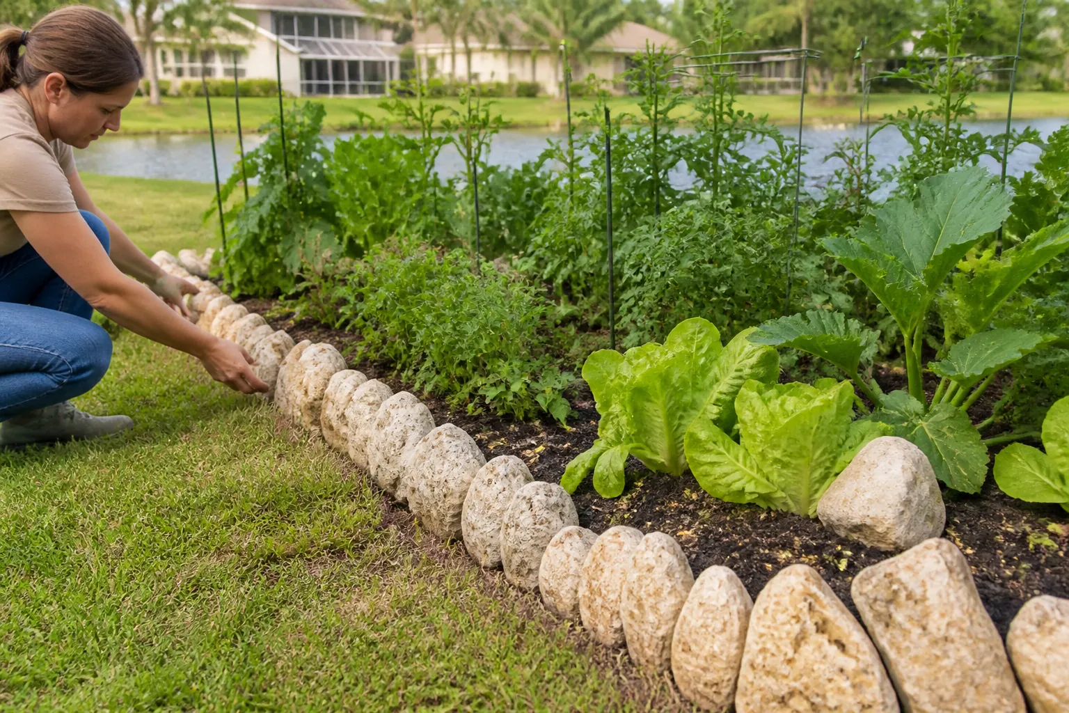 Arranging Coquina Stones Along a Vegetable Garden Border A woman kneels on grass to arrange pale coquina stones along a vegetable garden border beside a pond.