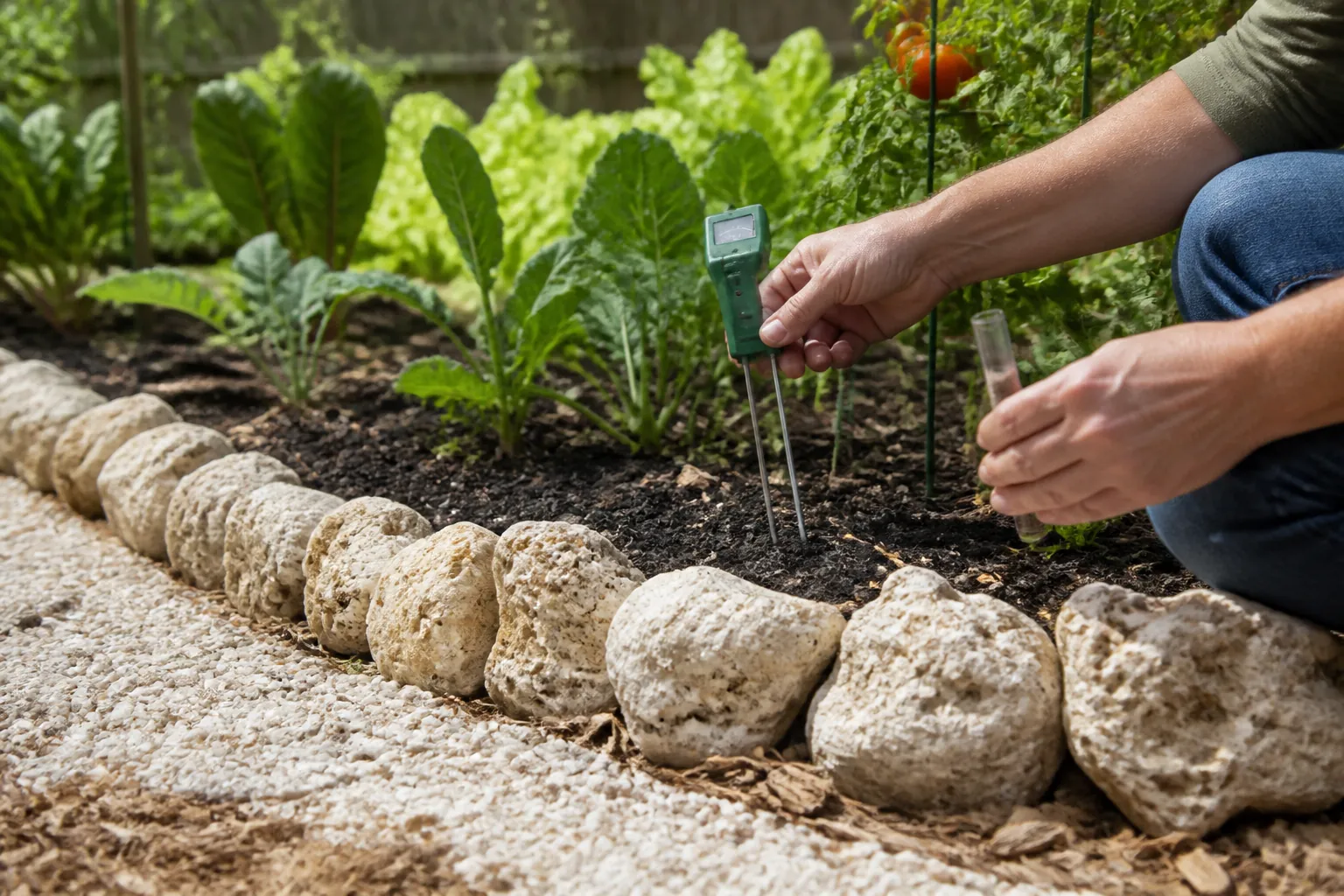 Checking Soil Beside a Coquina-Bordered Vegetable Bed A person uses a soil probe and holds a clear vial beside leafy vegetables in a garden bed bordered with coquina stones.