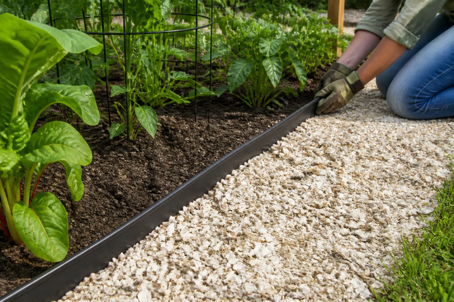Edging Separates a Shell Path From Vegetable Garden Soil A kneeling gardener adjusts dark edging that separates a crushed shell path from soil and leafy plants in a vegetable garden.
