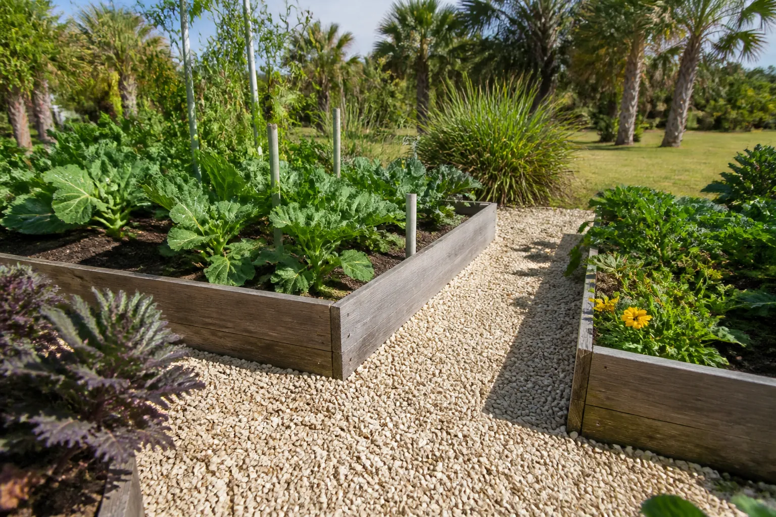 Crushed Shell Paths Around Raised Vegetable Beds Light-colored crushed shell paths surround wooden raised vegetable beds with leafy greens, flowers, and upright garden stakes.