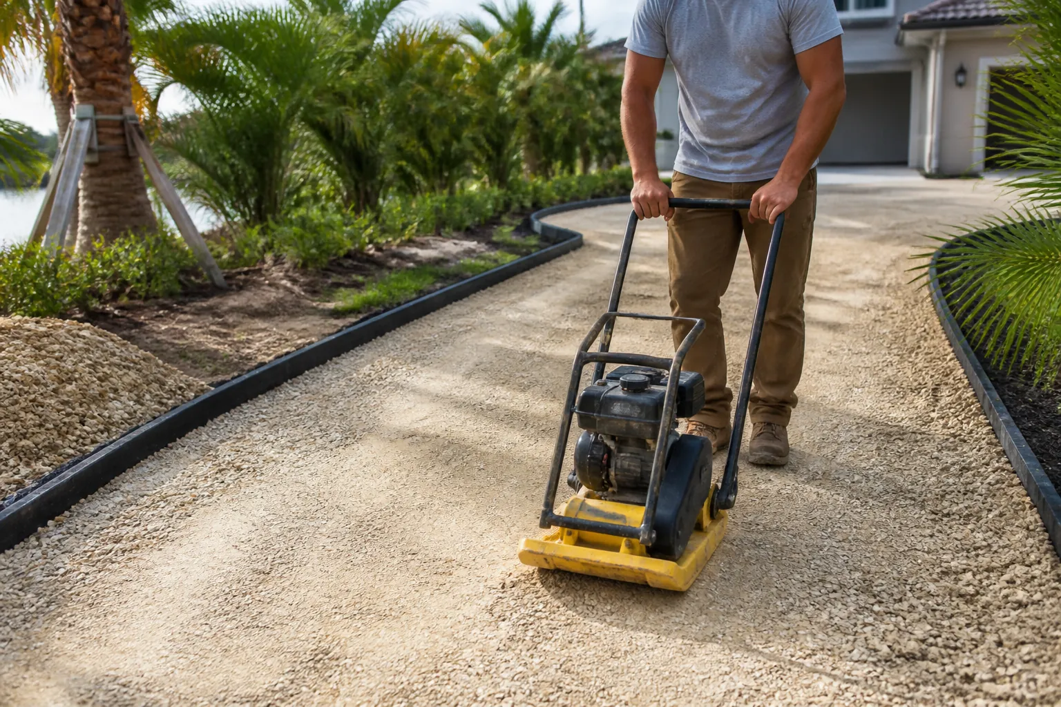 Plate Compactor on a Palm-Lined Shell Driveway A person operates a yellow plate compactor on a pale shell driveway bordered by black edging and palms beside a house.