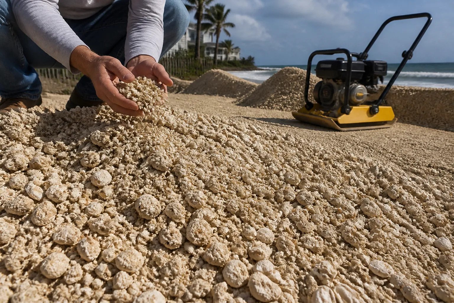 Inspecting Crushed Shell Beside a Plate Compactor A crouching person holds crushed shell above a large pile, with a yellow plate compactor nearby beside the ocean.