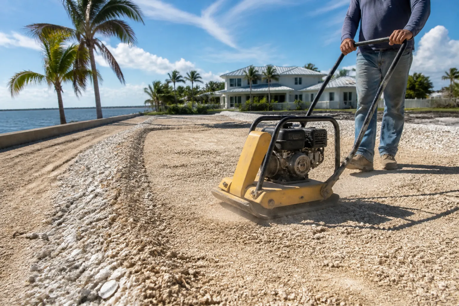 Plate Compactor on a Waterfront Shell Driveway A person operates a yellow plate compactor on a shell-covered waterfront driveway beside palm trees and a house.