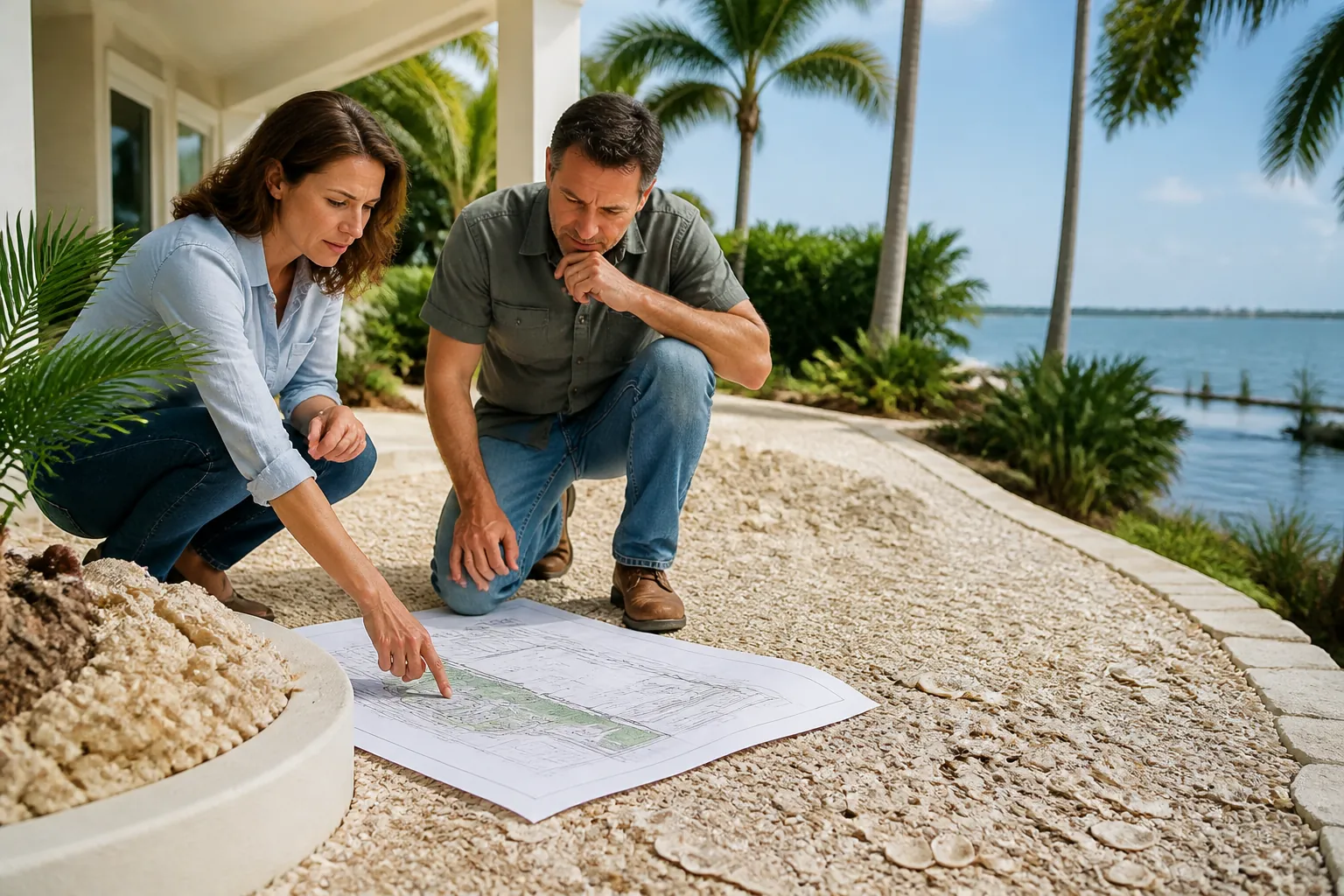 Two adults crouch over a landscape plan on a shell-covered path beside a waterfront home with palm trees.