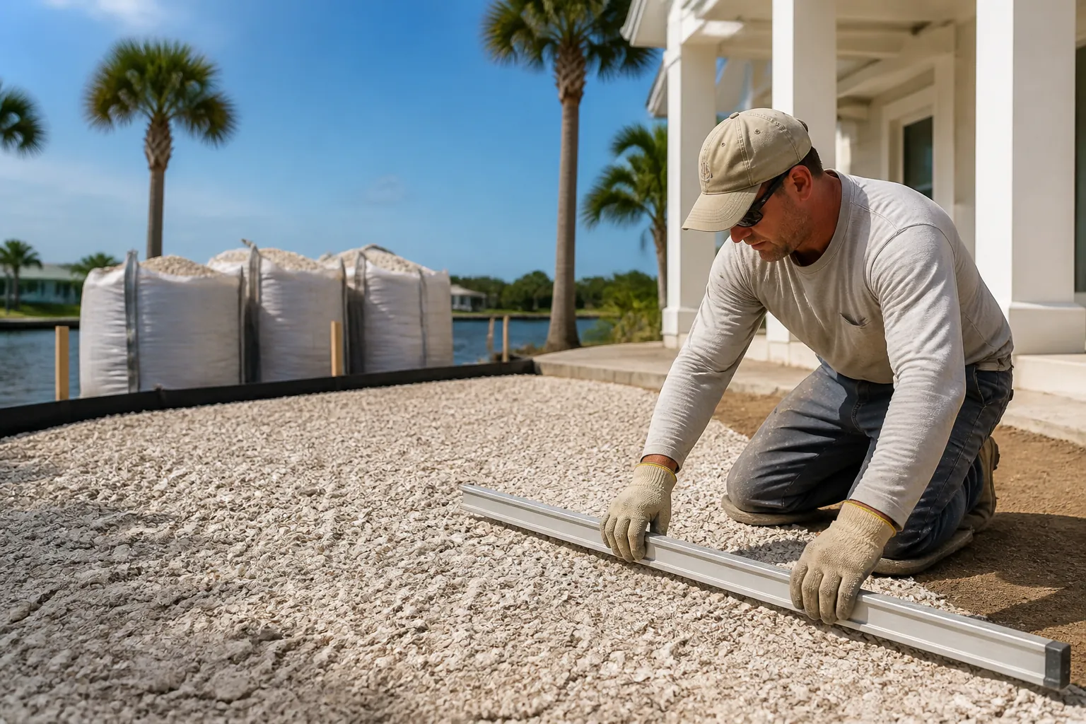 A kneeling worker levels crushed shell with a metal straightedge beside a waterfront house, with bulk bags and palms behind him.