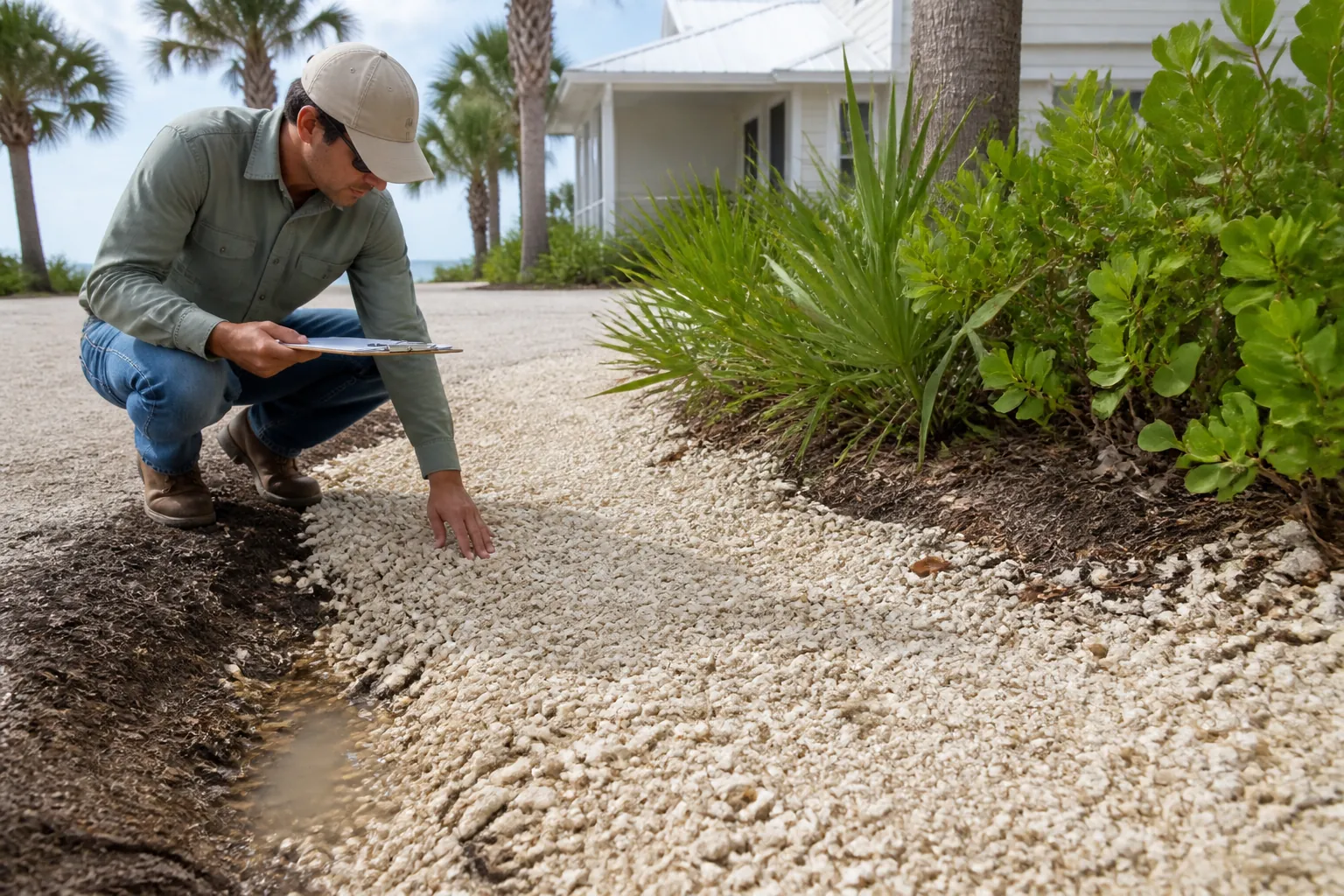 A man holding a clipboard crouches to inspect pale shell gravel beside a shallow muddy drainage channel and tropical plants.