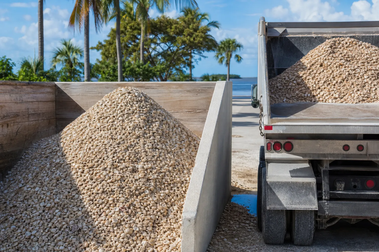 Coquina Shell Piles in a Storage Bay and Dump Truck A mound of coquina shells fills a storage bay beside a dump truck loaded with shells, with palm trees in the background.