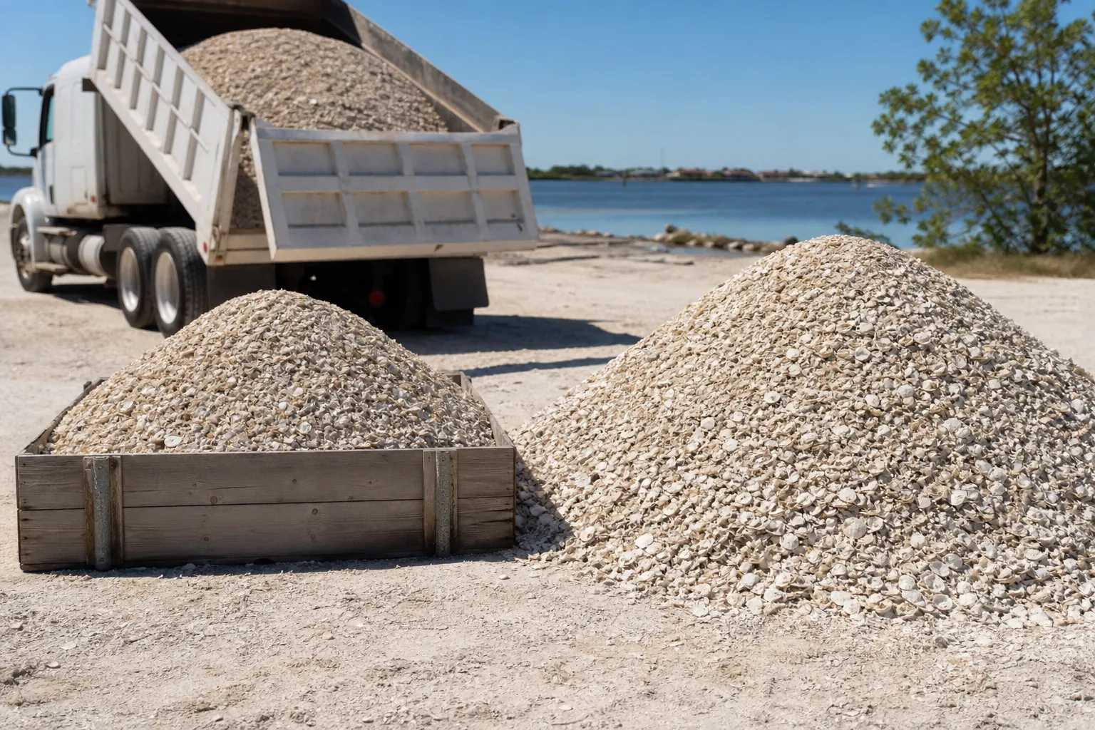 Coquina Shell Piles Beside a Loaded Dump Truck Coquina shell piles in a wooden measuring box and on sandy ground beside a loaded dump truck near the water.