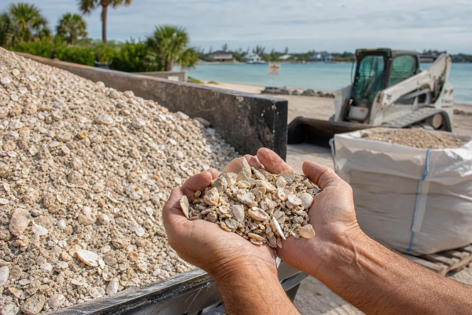 Coquina Shell Sample Beside a Bulk Pile and Bag Cupped hands hold crushed coquina shell beside a large shell pile, with a bulk bag and skid-steer loader near the waterfront.
