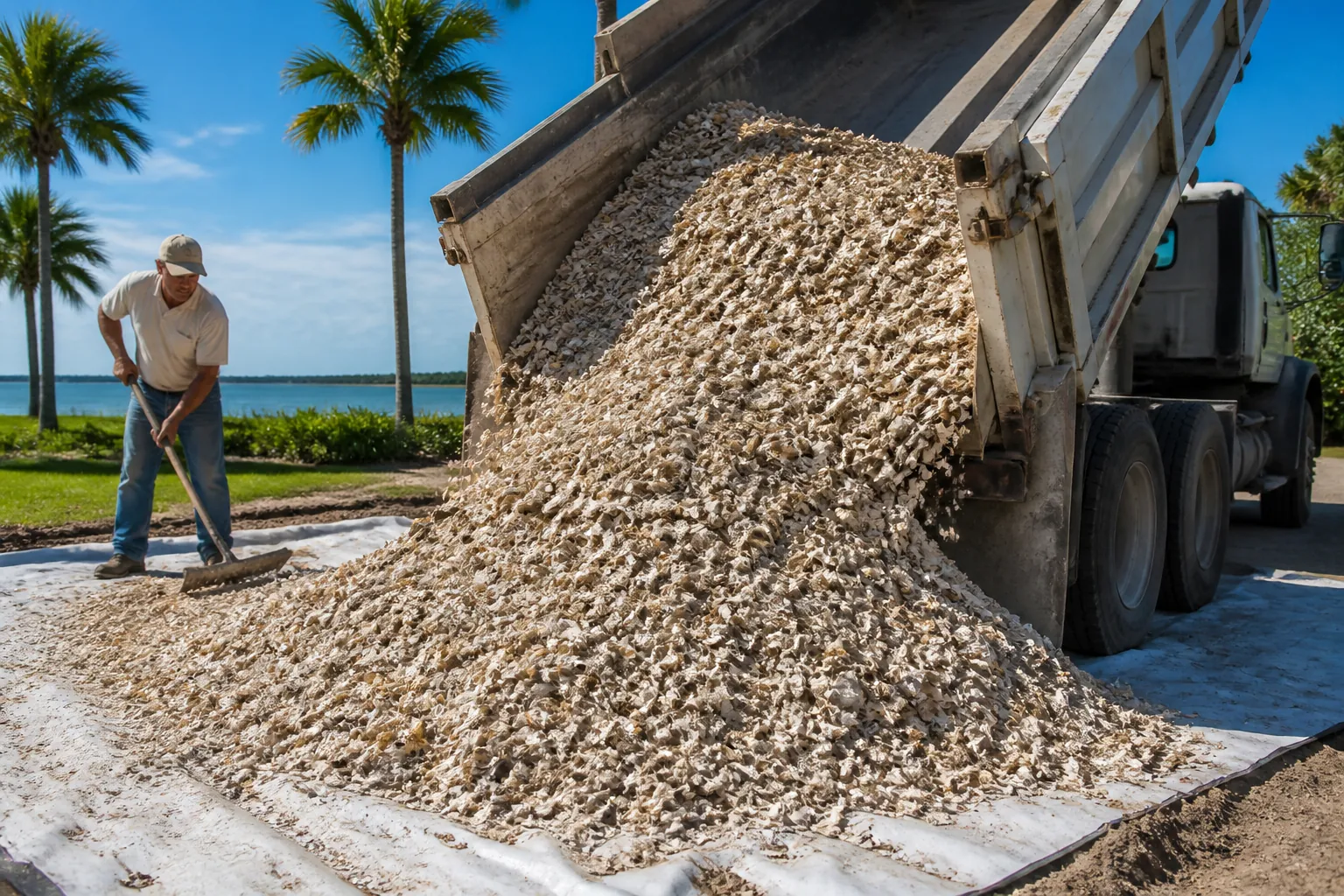 Dump Truck Delivering Crushed Shells at a Waterfront Site A raised dump truck bed unloads a large pile of crushed shells while a worker rakes beside palm trees and water.
