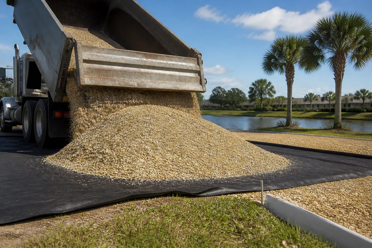 Dump Truck Delivering Crushed Shell Material A dump truck unloads a large pile of crushed shell onto black ground covering beside a pond and palm trees.