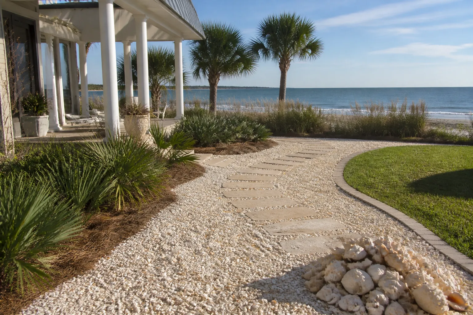 Shell Landscaping and Stepping Stones by a Beachfront Home A shell-covered path with rectangular stepping stones curves beside a beachfront house, palm trees, and a green lawn.