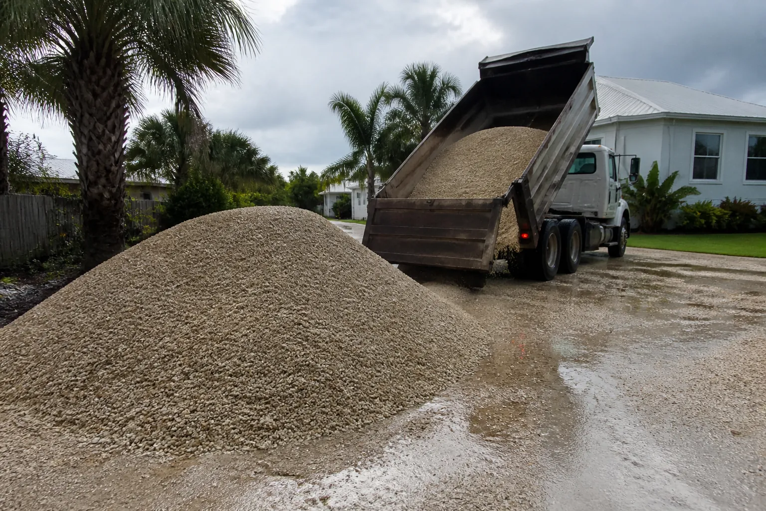 Shell Aggregate Delivery on a Rain-Soaked Driveway A raised dump truck unloads pale shell aggregate beside a large pile on a puddled driveway near palm trees and a white house.