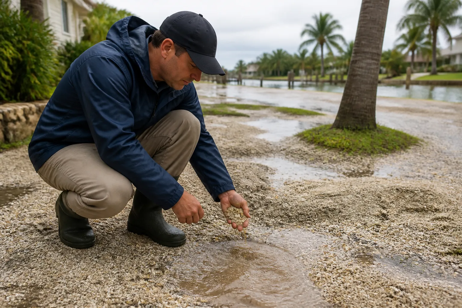 Checking Wet Shell Ground Before Delivery A man crouches on a puddled shell-covered driveway, holding a handful of wet shell material beside a palm-lined canal.