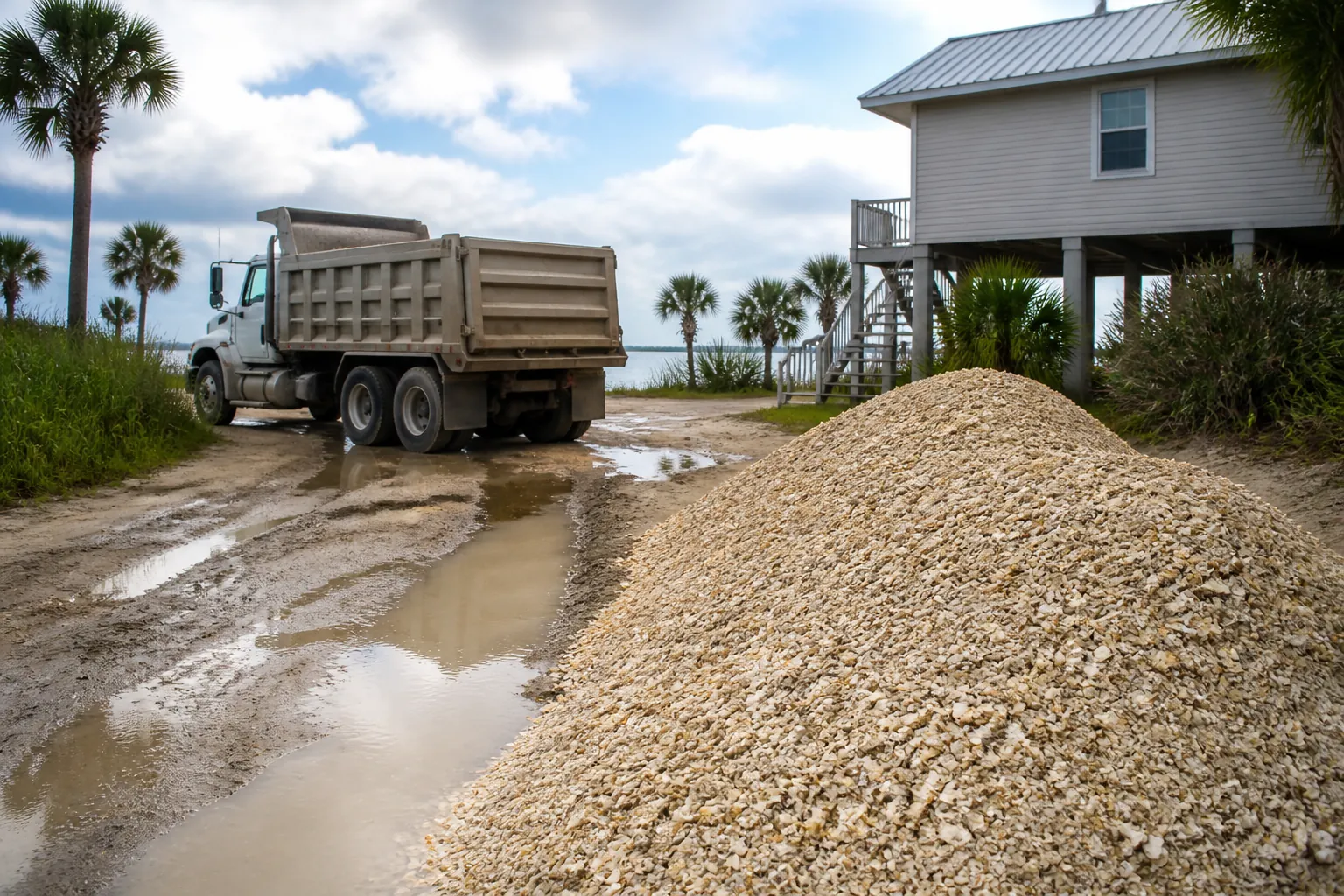 Coquina Shell Delivery on a Puddled Coastal Driveway A dump truck stands beside a large coquina shell pile on a muddy, puddled driveway near a raised coastal house and palms.