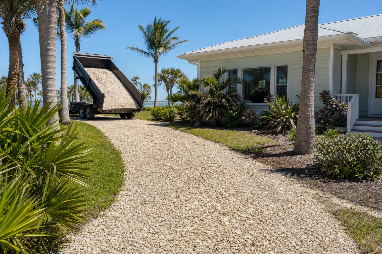 Dump Trailer on a Wide Shell Driveway A raised dump trailer holds pale shell material on a wide shell driveway beside a coastal house and palm trees.