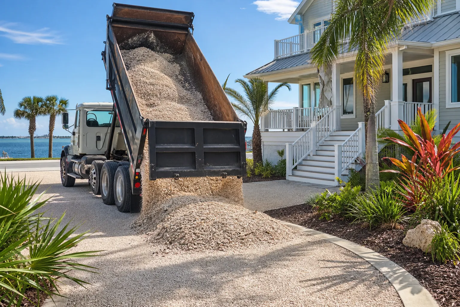 Dump Truck Delivering Shells to a Coastal Driveway A dump truck unloads a pile of crushed shells onto a driveway beside a coastal house with palms and waterfront views.