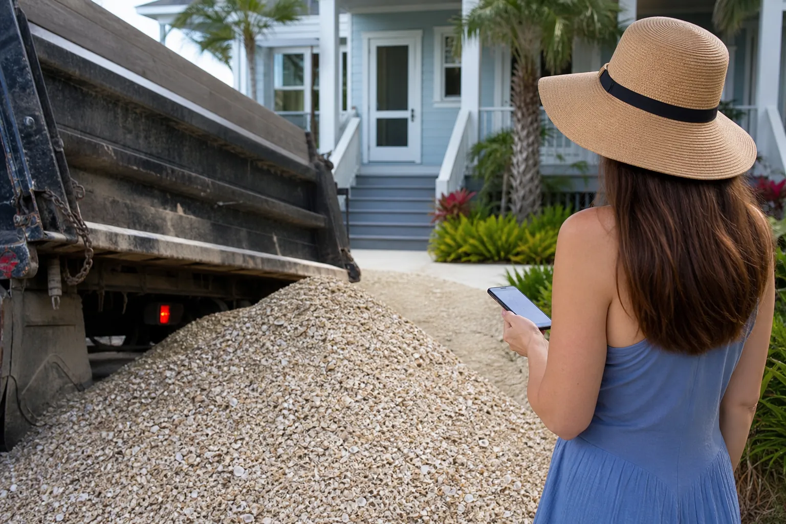 Woman Beside a Shell Delivery Outside a House A woman in a sunhat holds a phone beside a dump truck and a large pile of crushed shells in front of a house.
