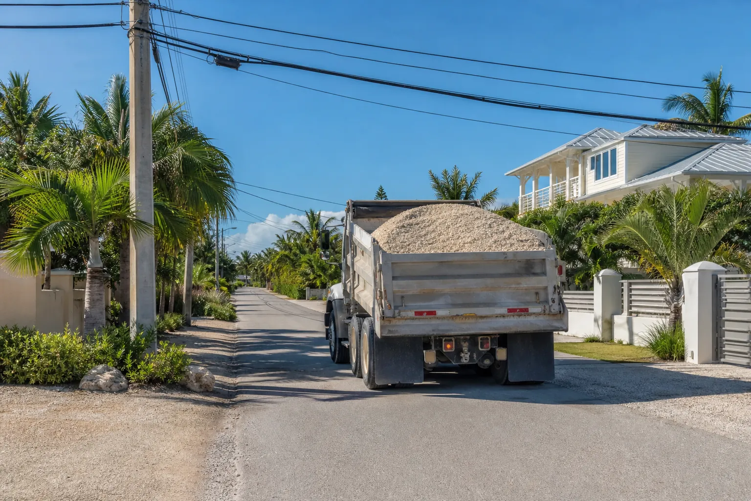 Loaded Dump Truck Beneath Overhead Utility Wires A dump truck carrying pale shell aggregate travels along a palm-lined residential street beneath overhead utility wires.