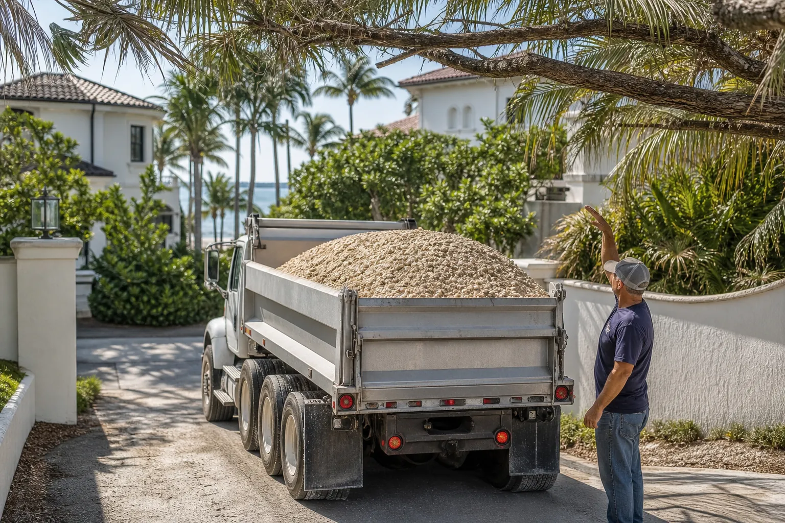 Shell Delivery Truck Beneath Low Palm Branches A man raises his hand beside a dump truck loaded with shell aggregate beneath low palm branches on a residential driveway.