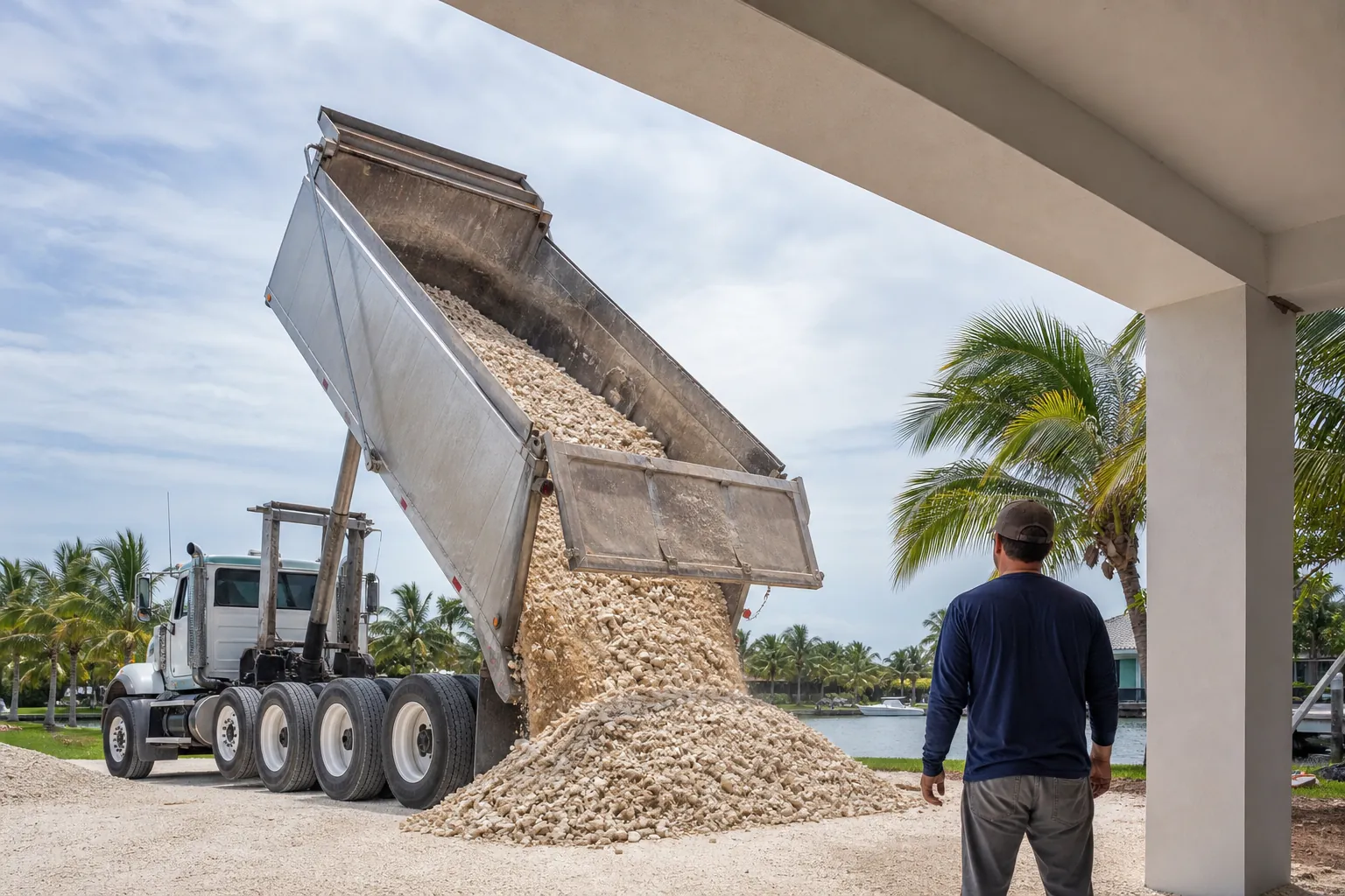Raised Dump Truck Bed During Shell Delivery A dump truck unloads pale shell material with its bed raised while a man watches beside a covered porch.
