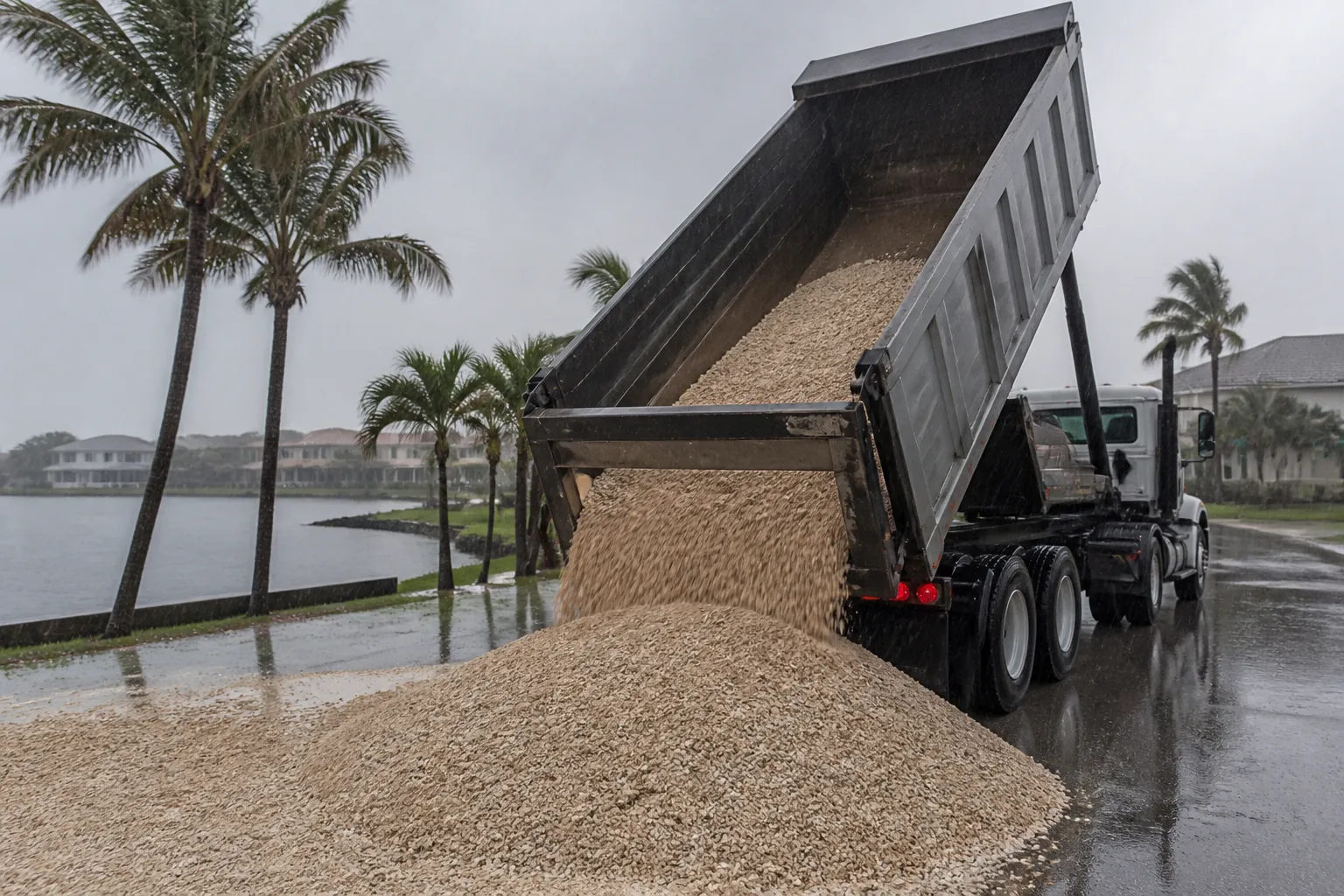 A raised dump truck unloads pale shell aggregate onto a rain-soaked road beside palm trees and waterfront homes.