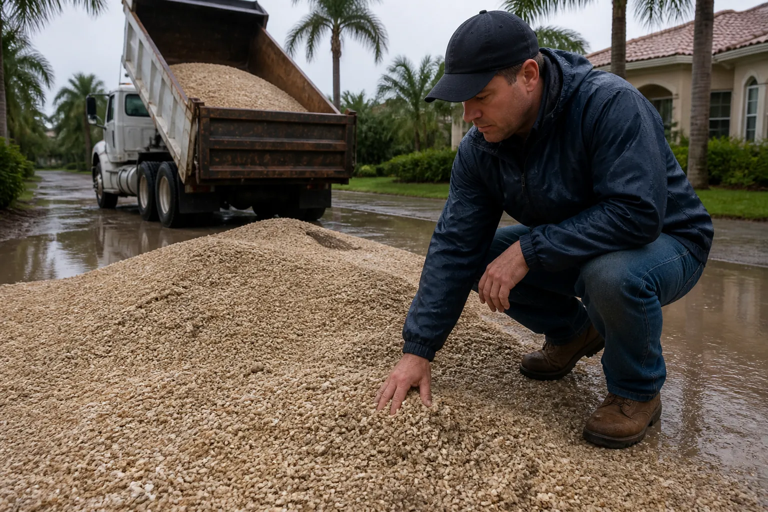 A man in rain gear inspects a pile of crushed shell beside a raised dump truck on a wet, palm-lined residential street.