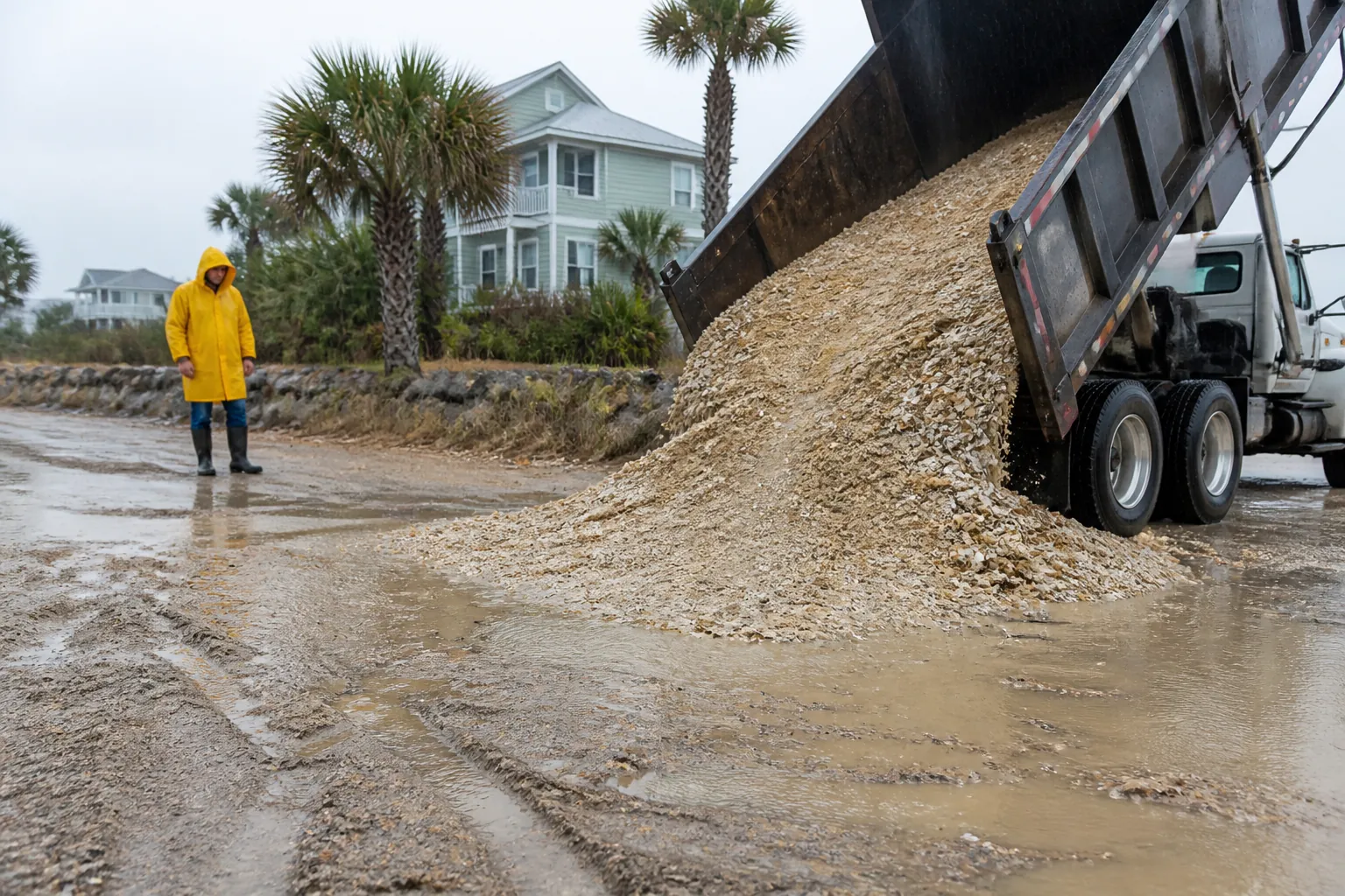 A dump truck unloads coquina shell onto muddy, puddled ground as a person in a yellow raincoat stands nearby.