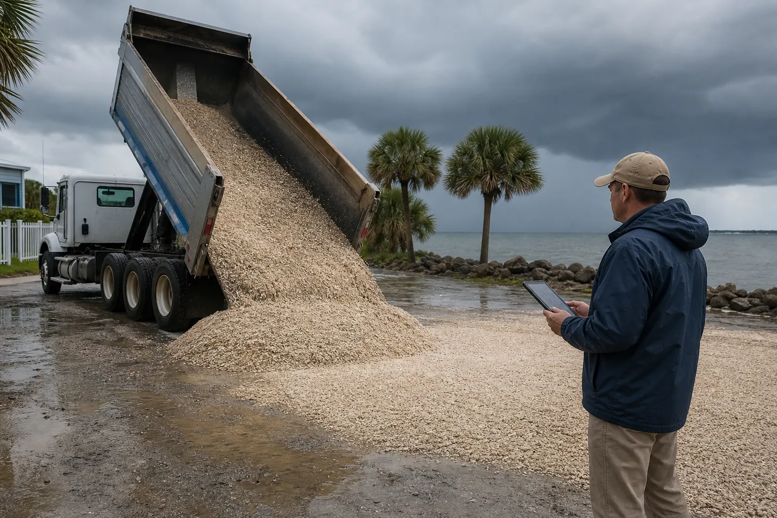 Shell Delivery on Wet Ground Under Storm Clouds A dump truck unloads crushed shells on wet waterfront ground as a man holds a tablet beneath dark storm clouds.